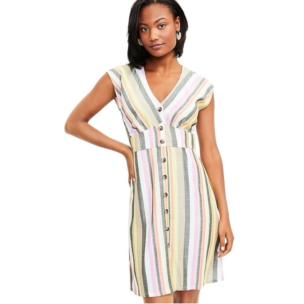 LOFT Striped Button Flare midi Dress 8